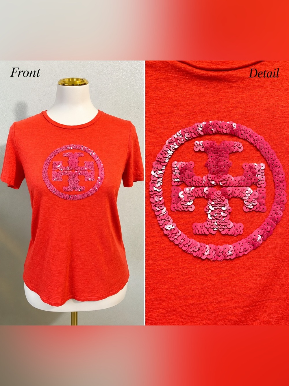 Tory Burch Orange Linen Blend Sequin Logo Short Sleeve Tee Quiet Luxury Preppy